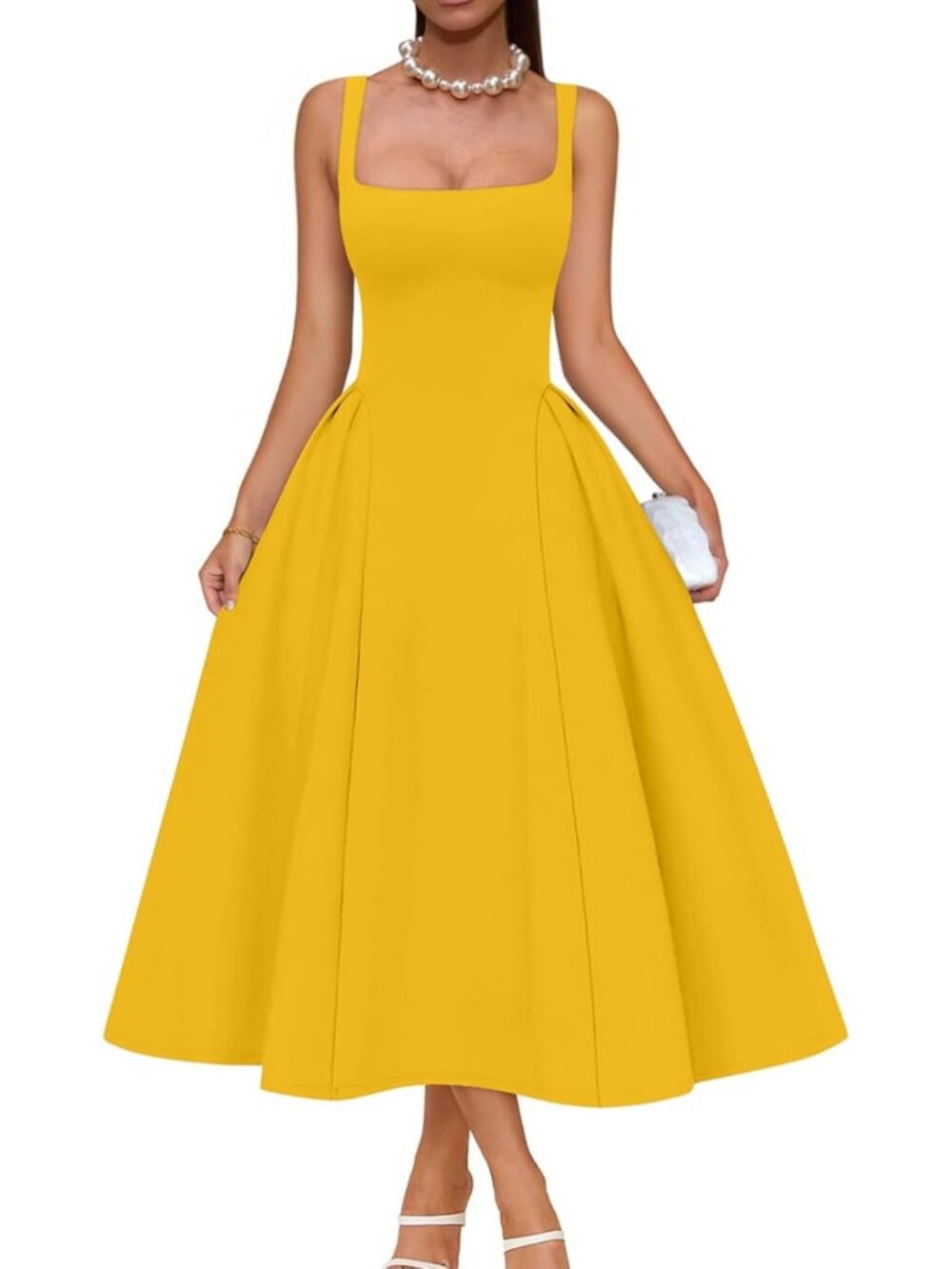 Women's Yellow Elegant Square Neck Sleeveless Swing A Line Solid Midi Dress